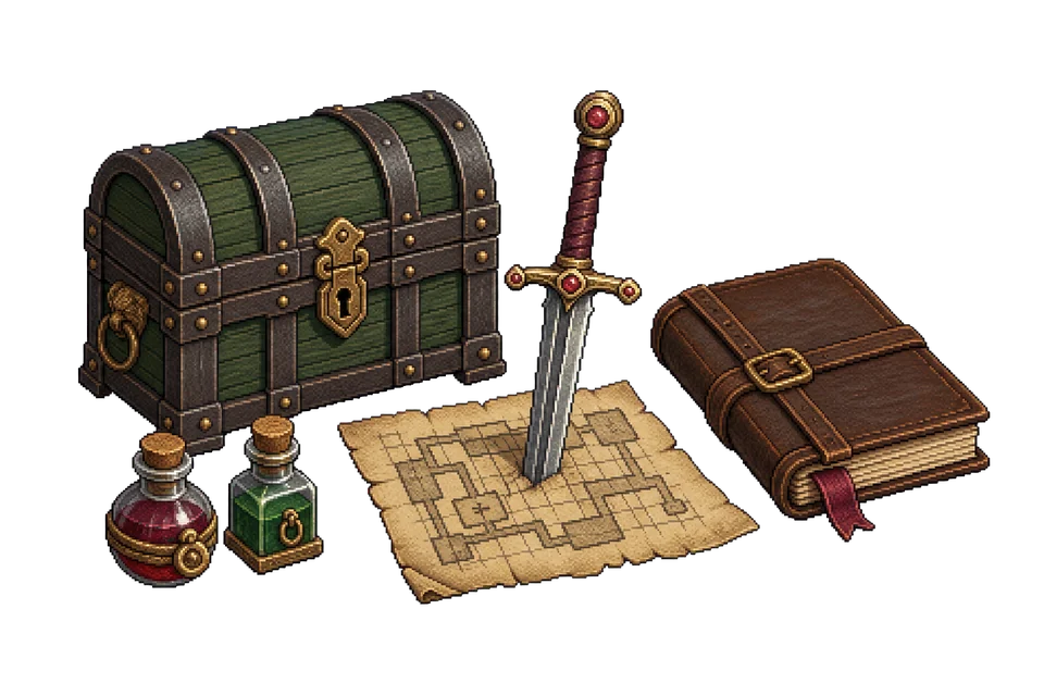 Pixel-art field kit with a treasure chest, sword, map, potions, and journal